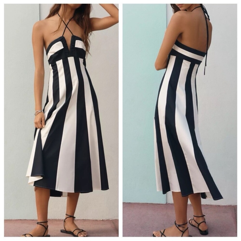 Maeve Black and White Striped Halter Midi Dress